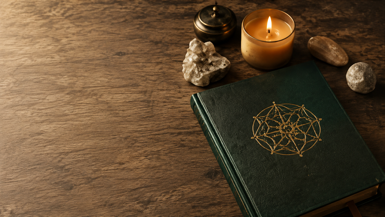 Grünes Buch mit goldenem Symbol, Kerze und Steinen auf einem Holztisch