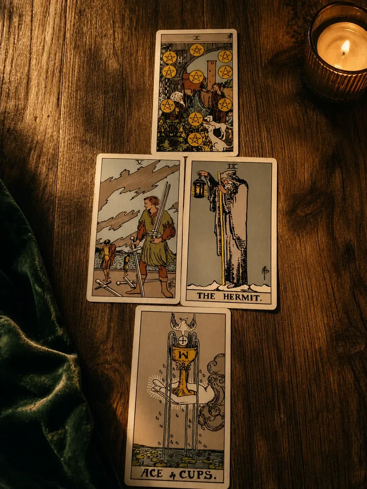 Tarot spread with the Hermit and Ace of Cups on wood by candlelight