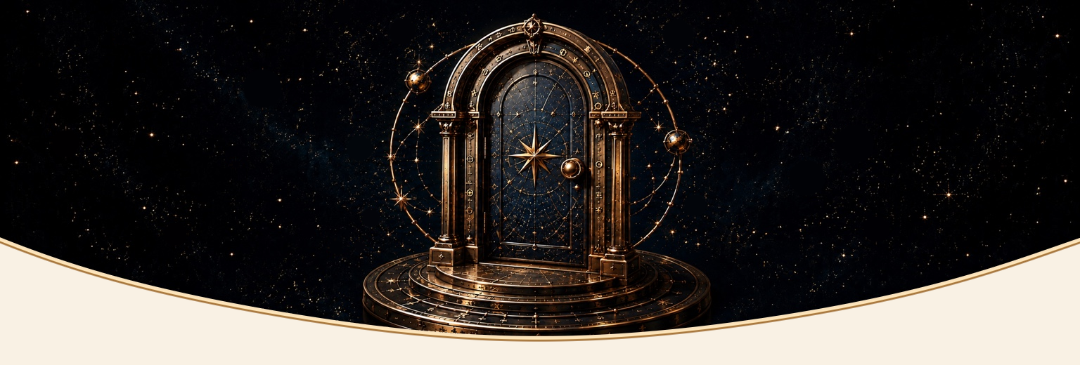 An antique celestial instrument against a star-filled black sky, framed by a curved gold border.