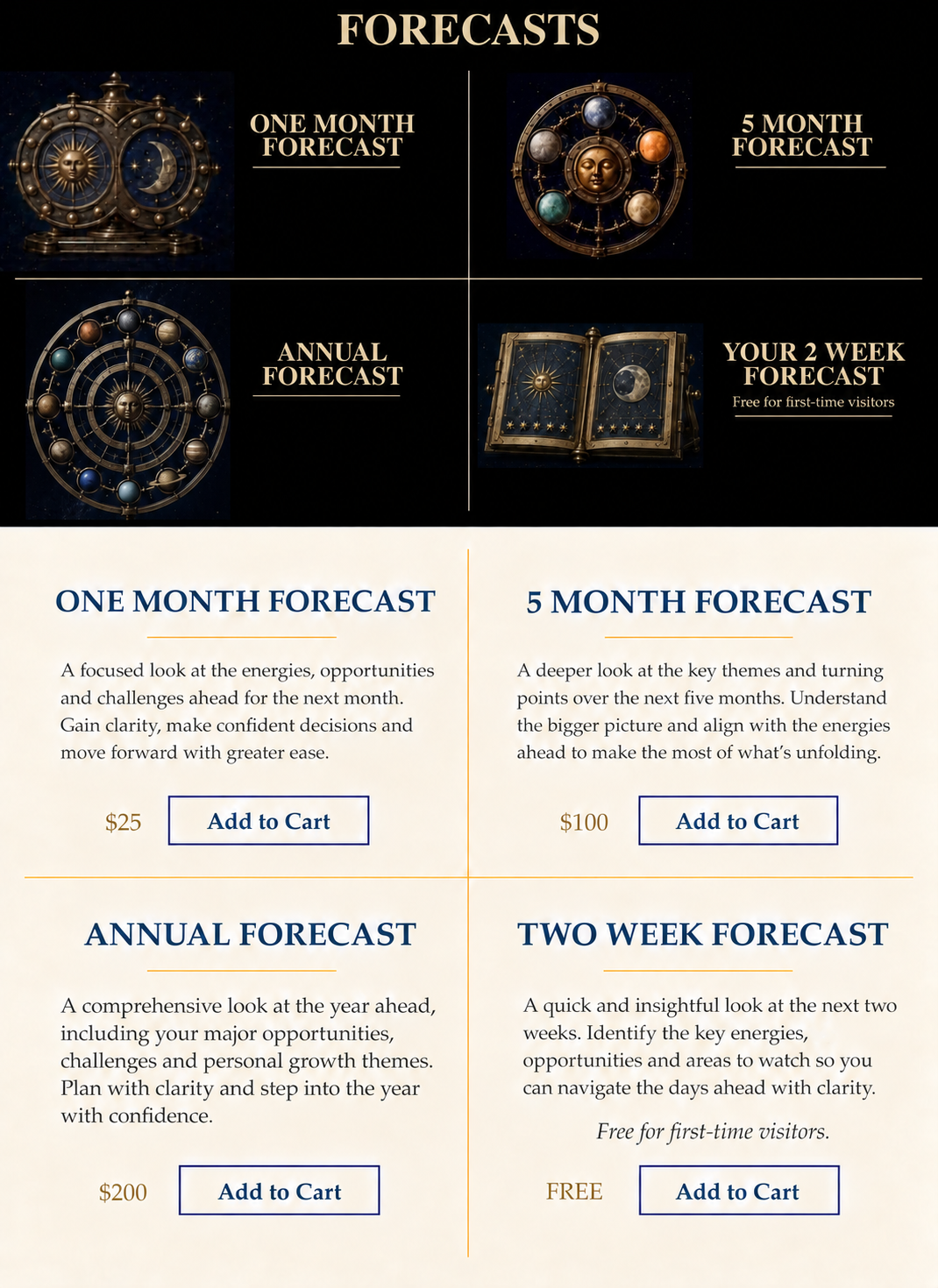 Cosmic Dust Astrology one-month, five-month, annual, and two-week forecast readings and prices
