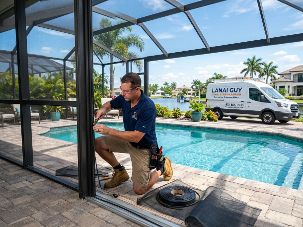 Screened lanai with outdoor seating in Brandon, FL.