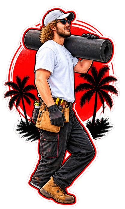 Illustrated sticker of a Lanai Guy installer carrying a roll of screen.