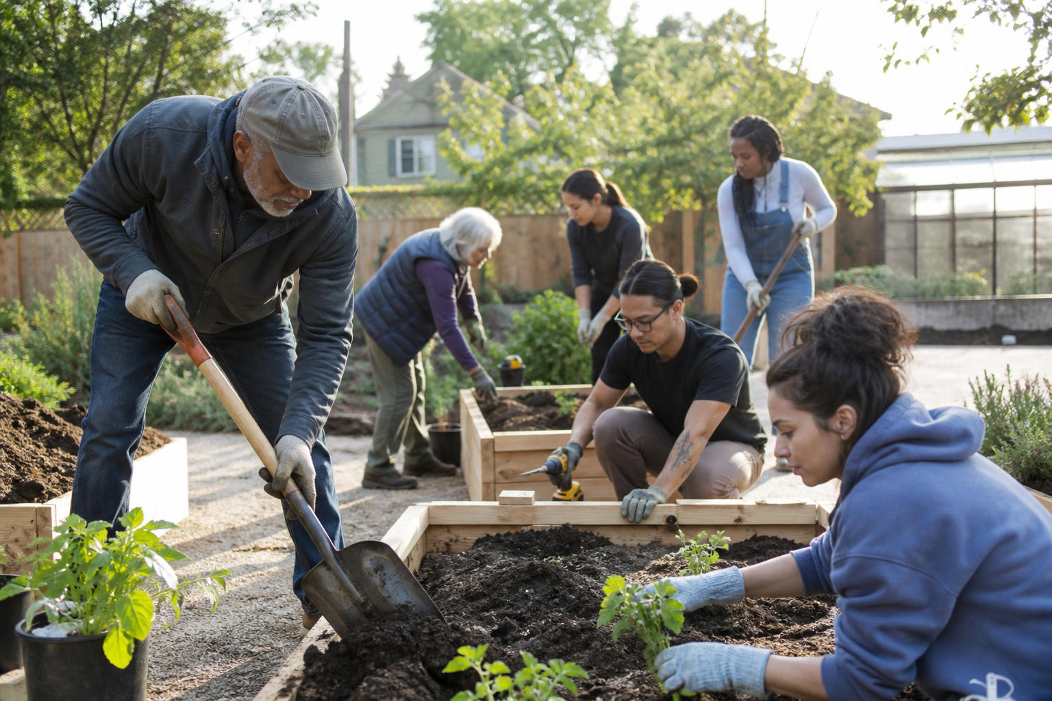 A community building a garden with older and younger neighbors at a neighborhood garden