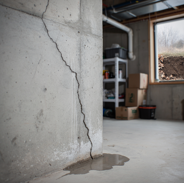 A crack opening in a garage masonry wall near grade