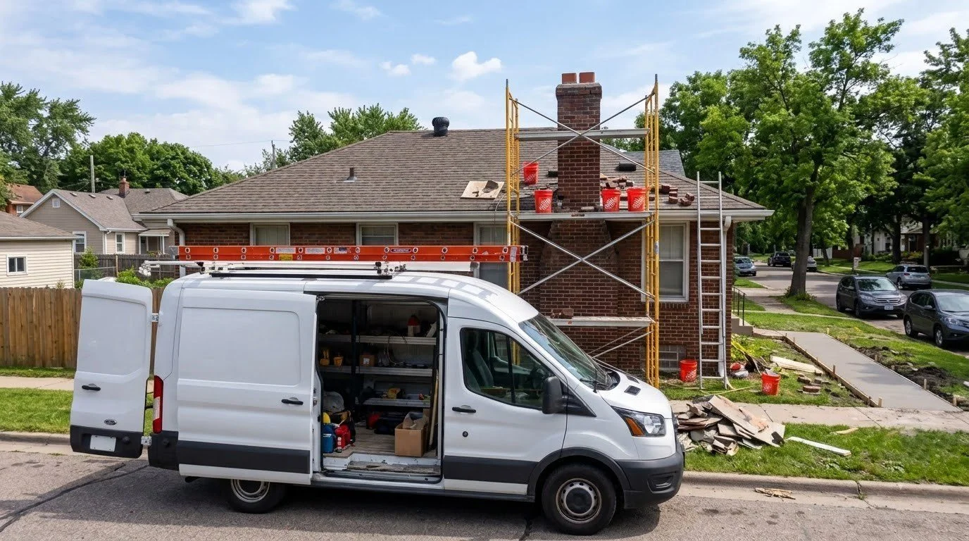 The Golden Stones Masonry crew at their work van