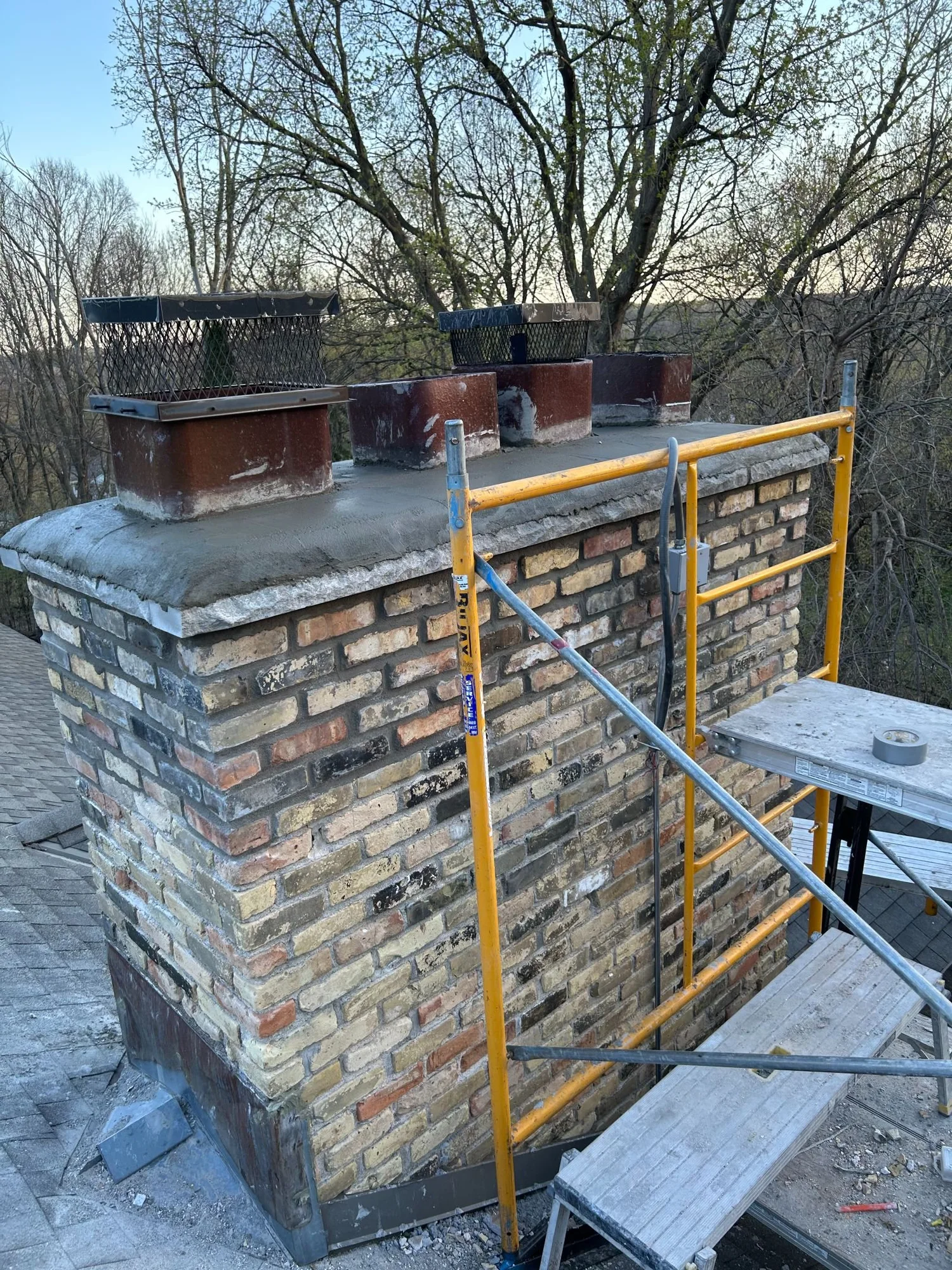 A rebuilt brick chimney