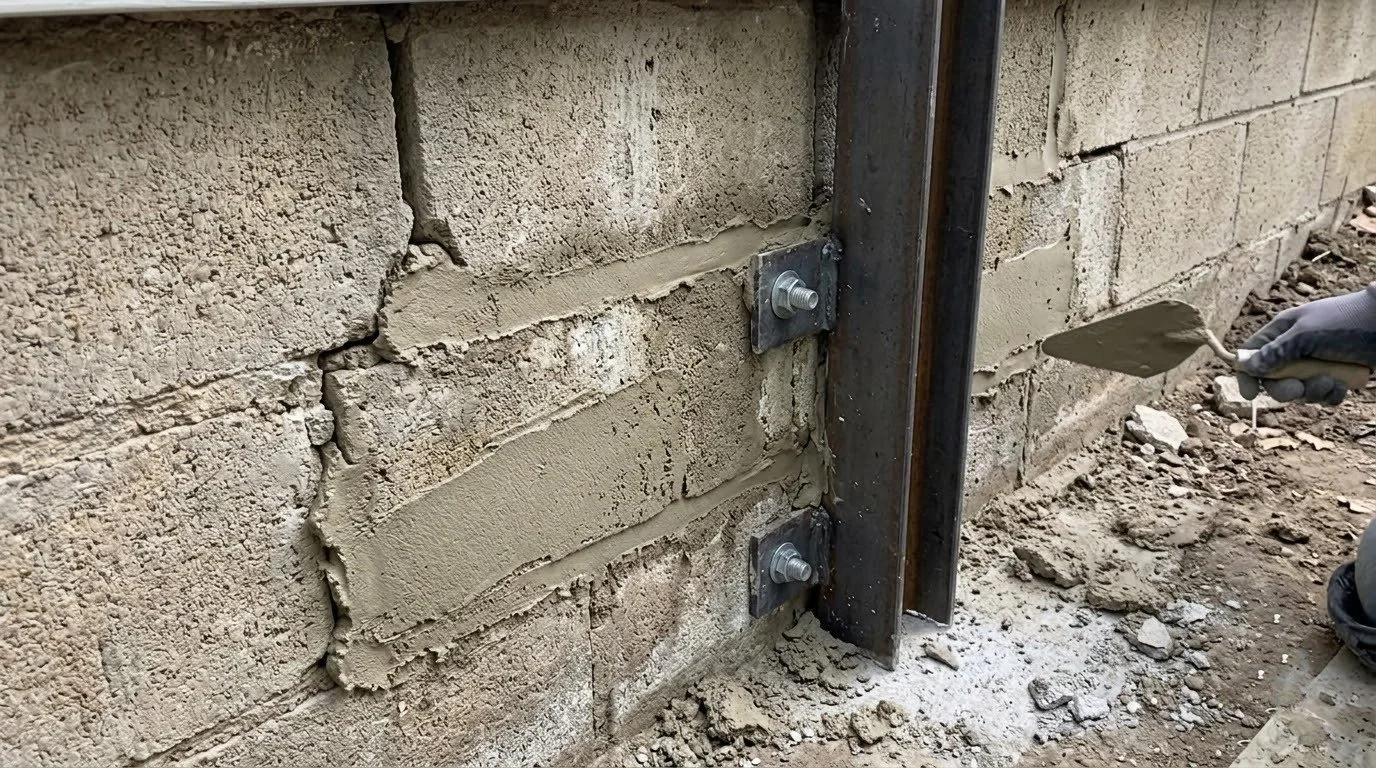 Damaged concrete block cut out for replacement, wall supported