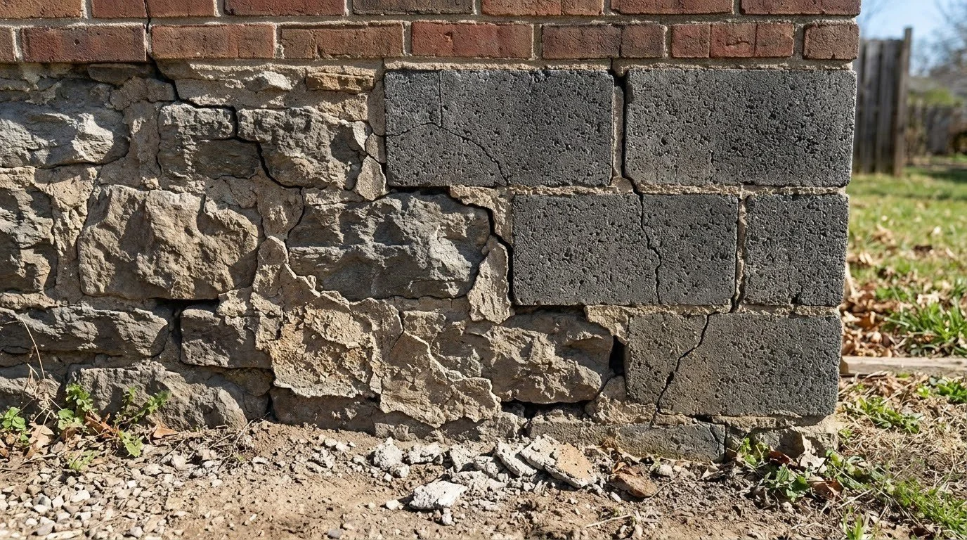 Cracked and failing concrete block on a Twin Cities masonry wall