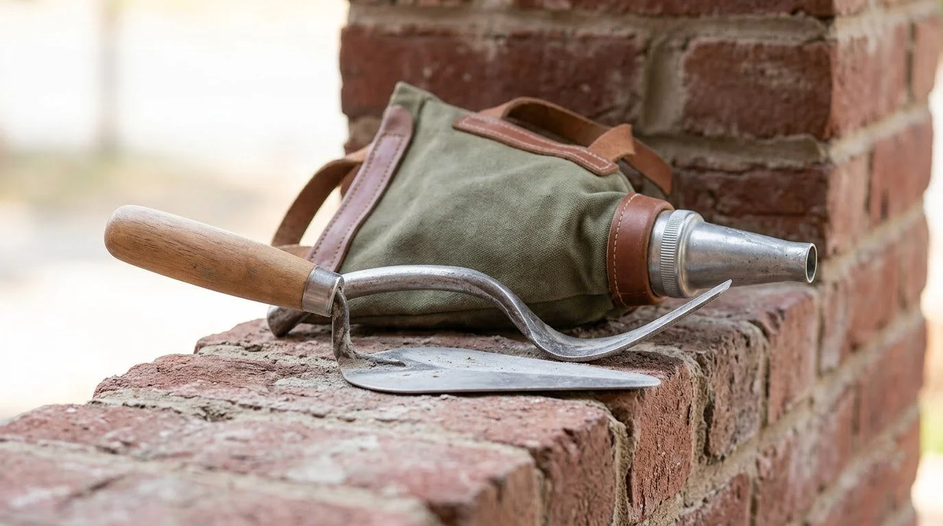 A pointing tool working fresh mortar into a brick joint