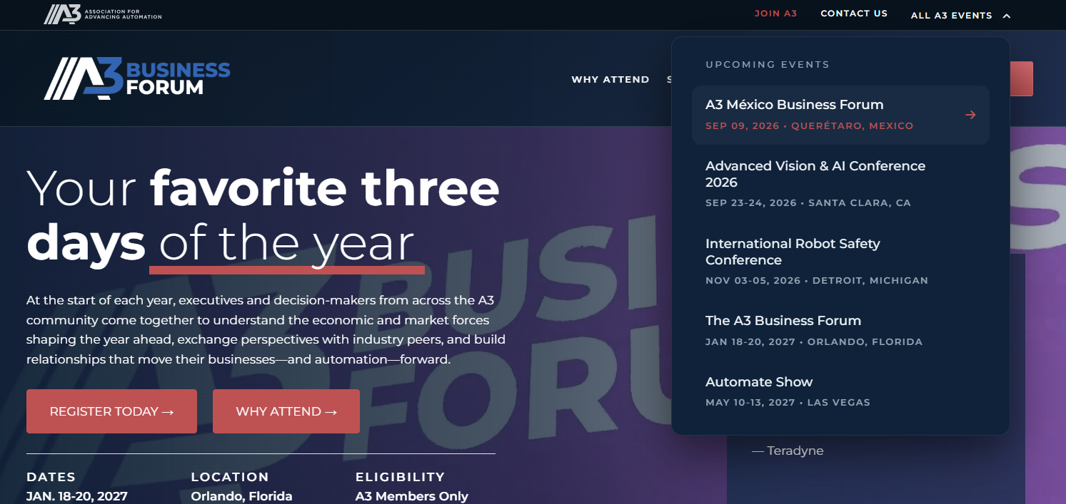 All A3 Events switcher showing upcoming events