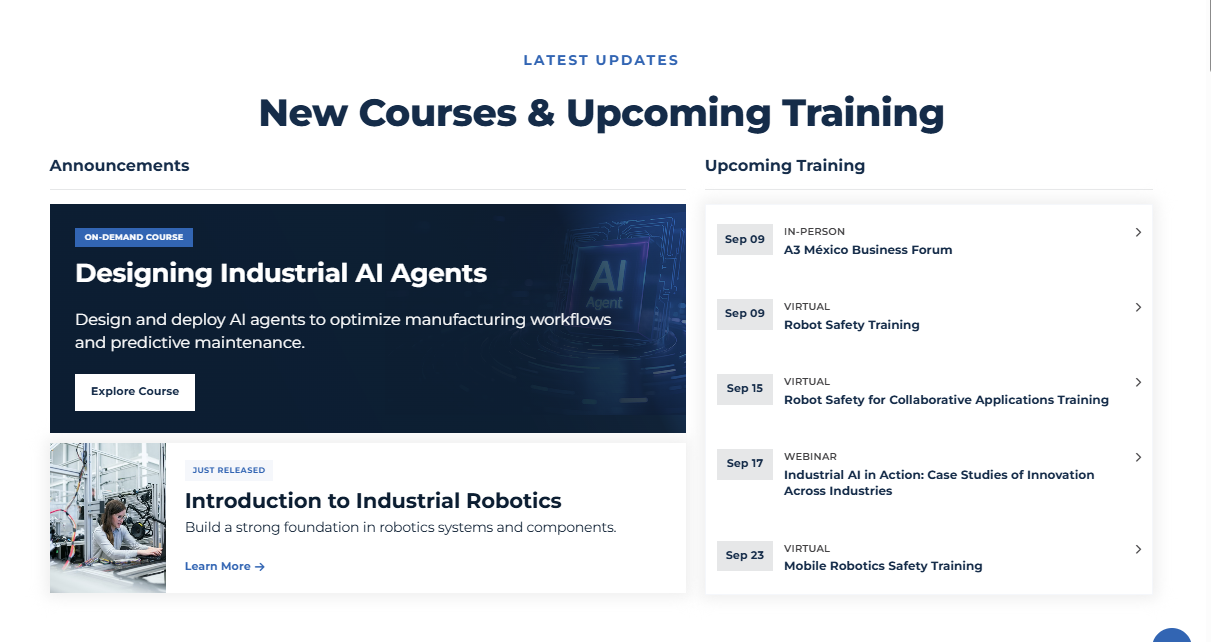 A3 Training new courses and upcoming training section