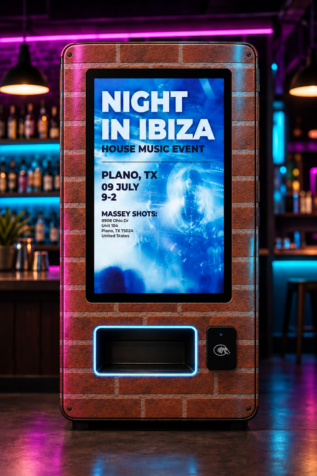 Front-facing vending machine displaying the original Night in Ibiza artwork — illustrative mockup
