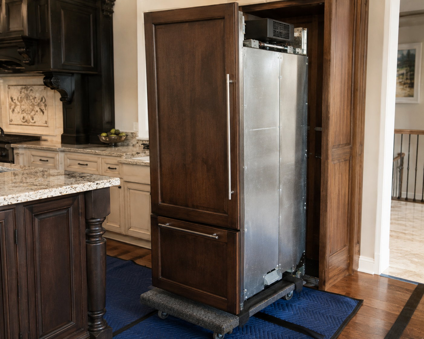 Tall built-in beverage cooler pulled from wood cabinetry; in Post Falls homes the work is repairs only, with no fitting of new units into cabinetry