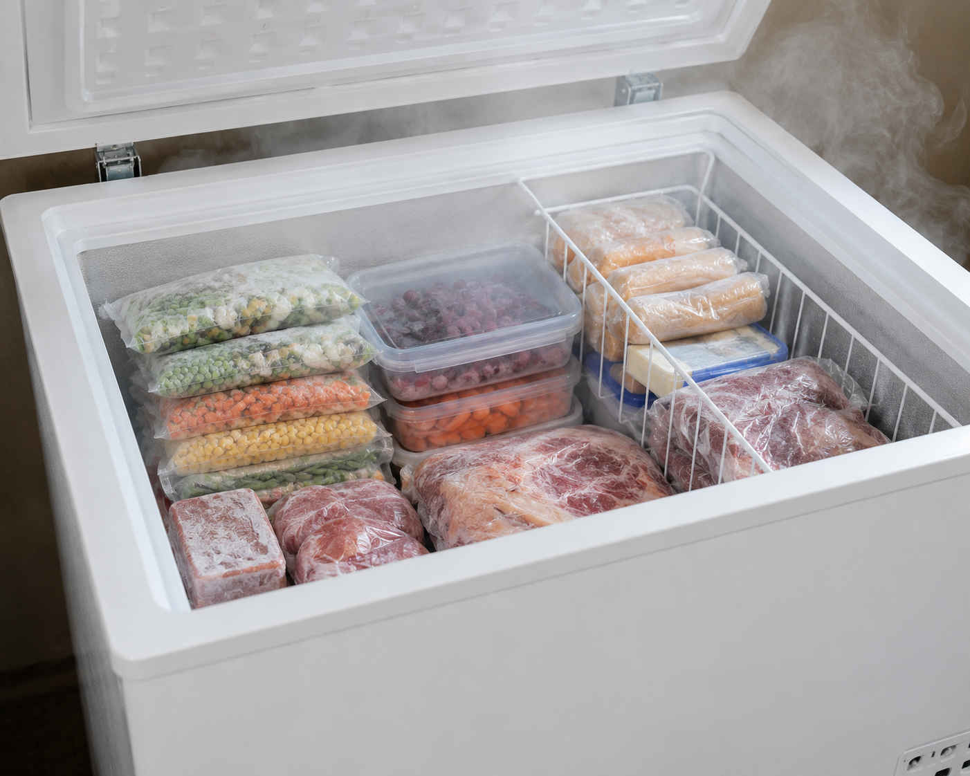 Chest freezer open and stocked with frozen food: freezer repair in a Post Falls home by SD Appliance