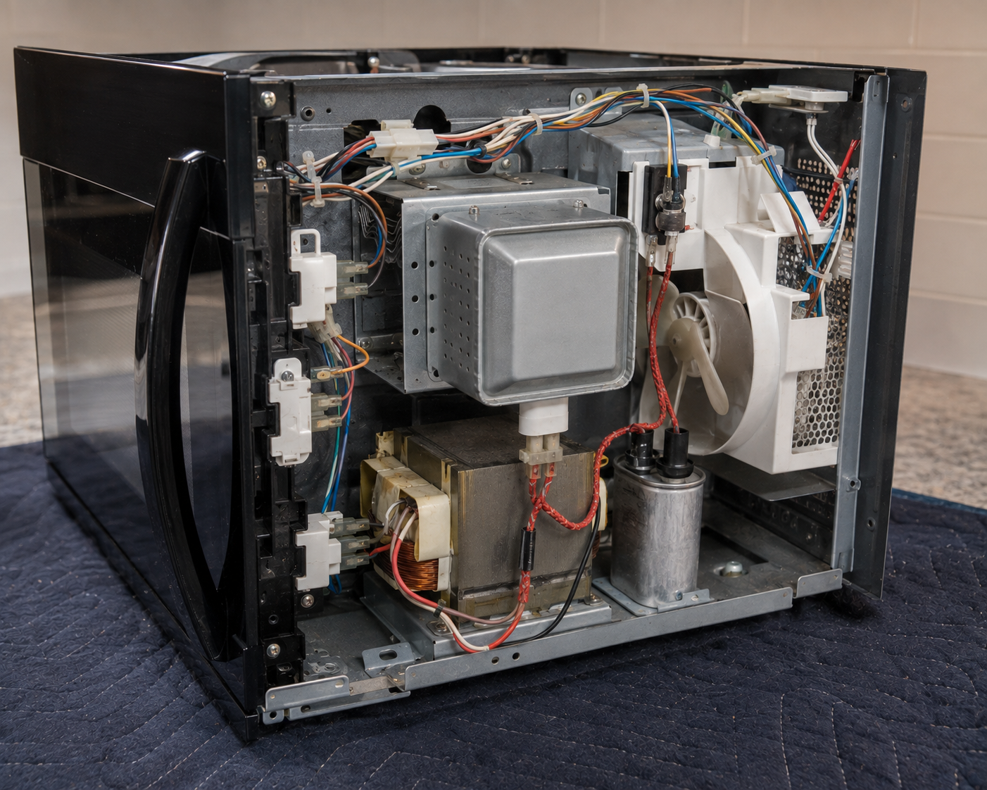 Microwave with its cabinet off, transformer and internal parts exposed, the parts that stay sealed when an old Post Falls microwave goes to the county metal pile