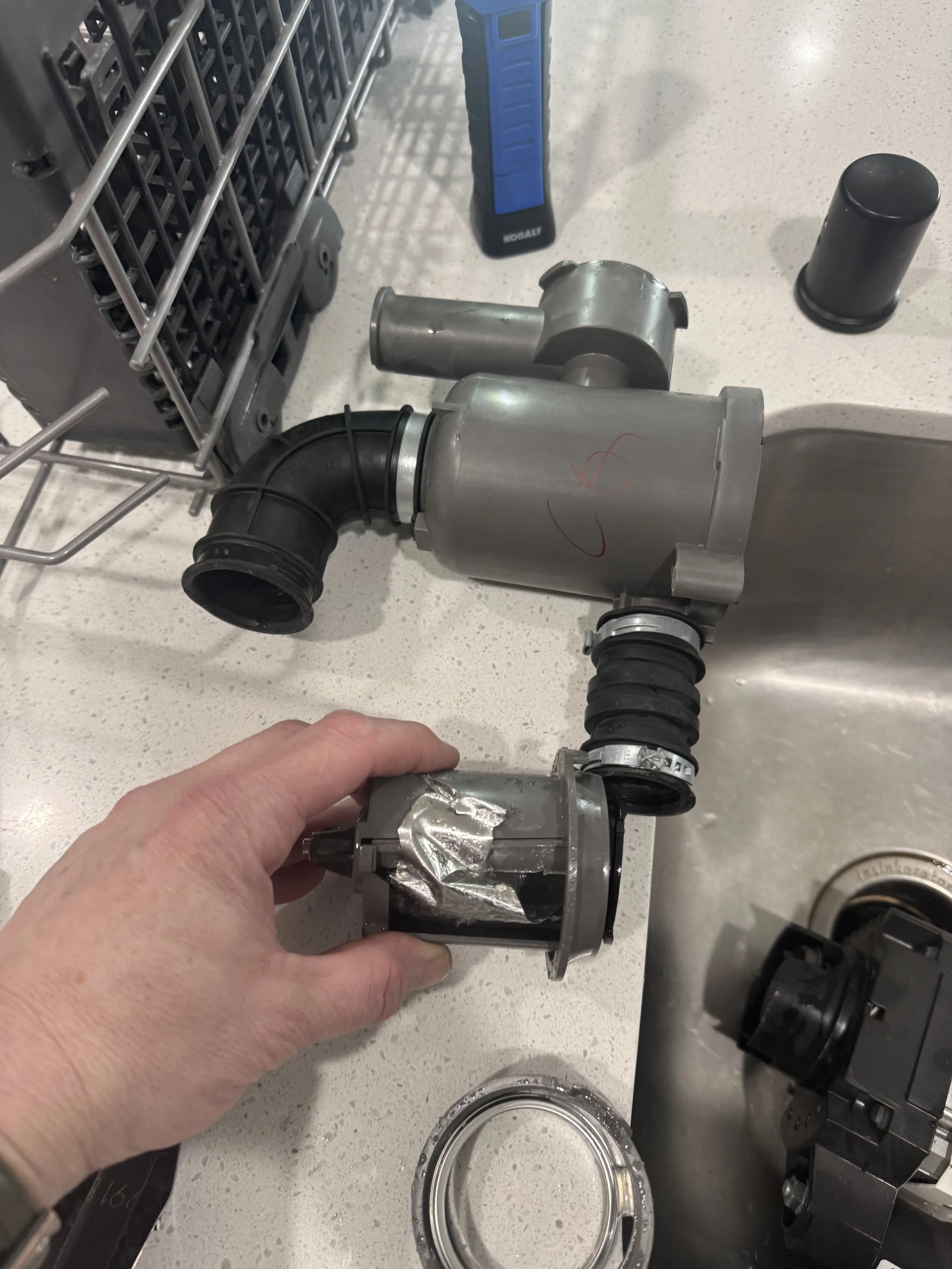 Under-sink drain and disposal, hand at the fitting during a garbage disposal replacement in Spokane