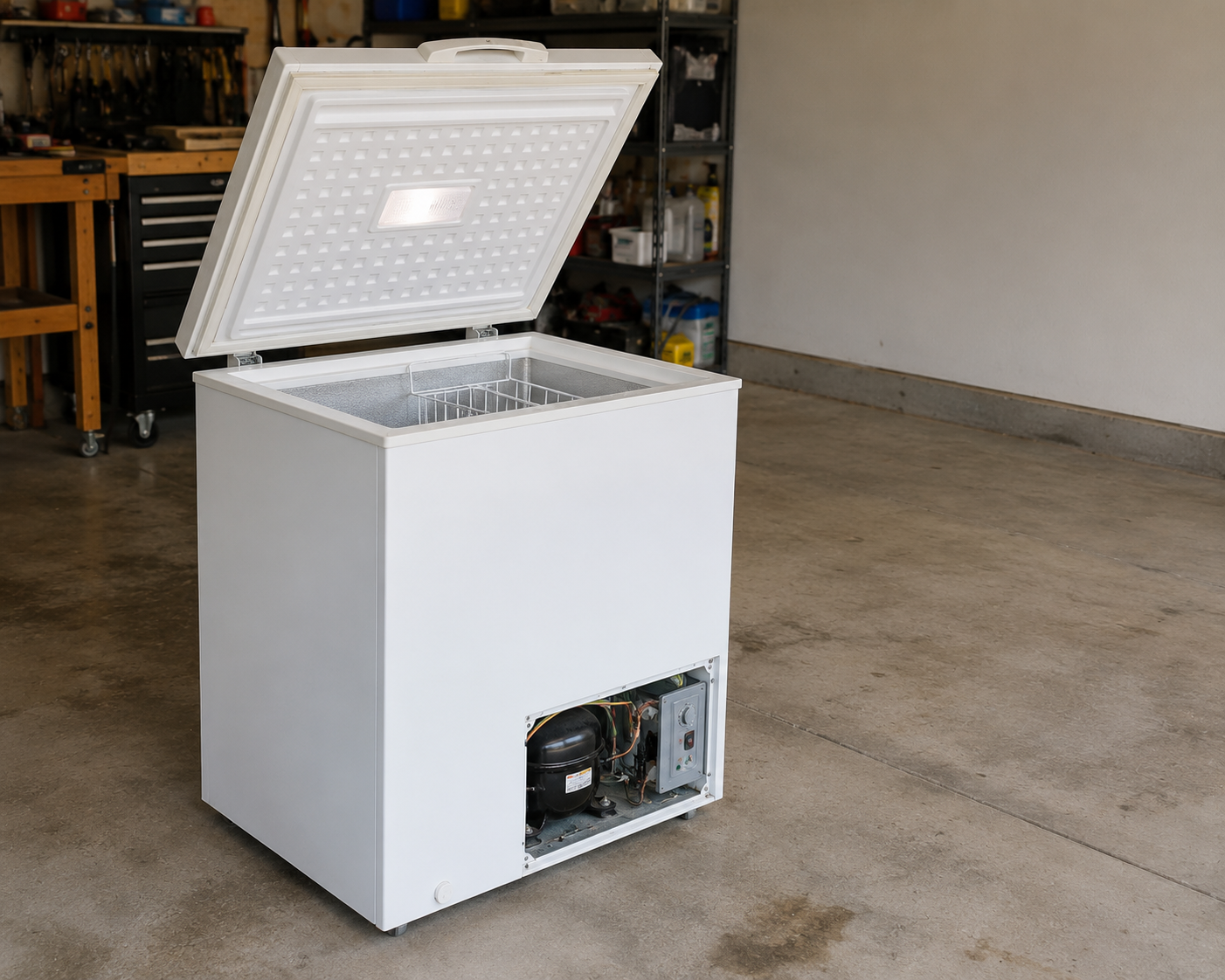 White chest freezer with the lid open, sized by cubic feet to work out a daily freezing limit in Post Falls