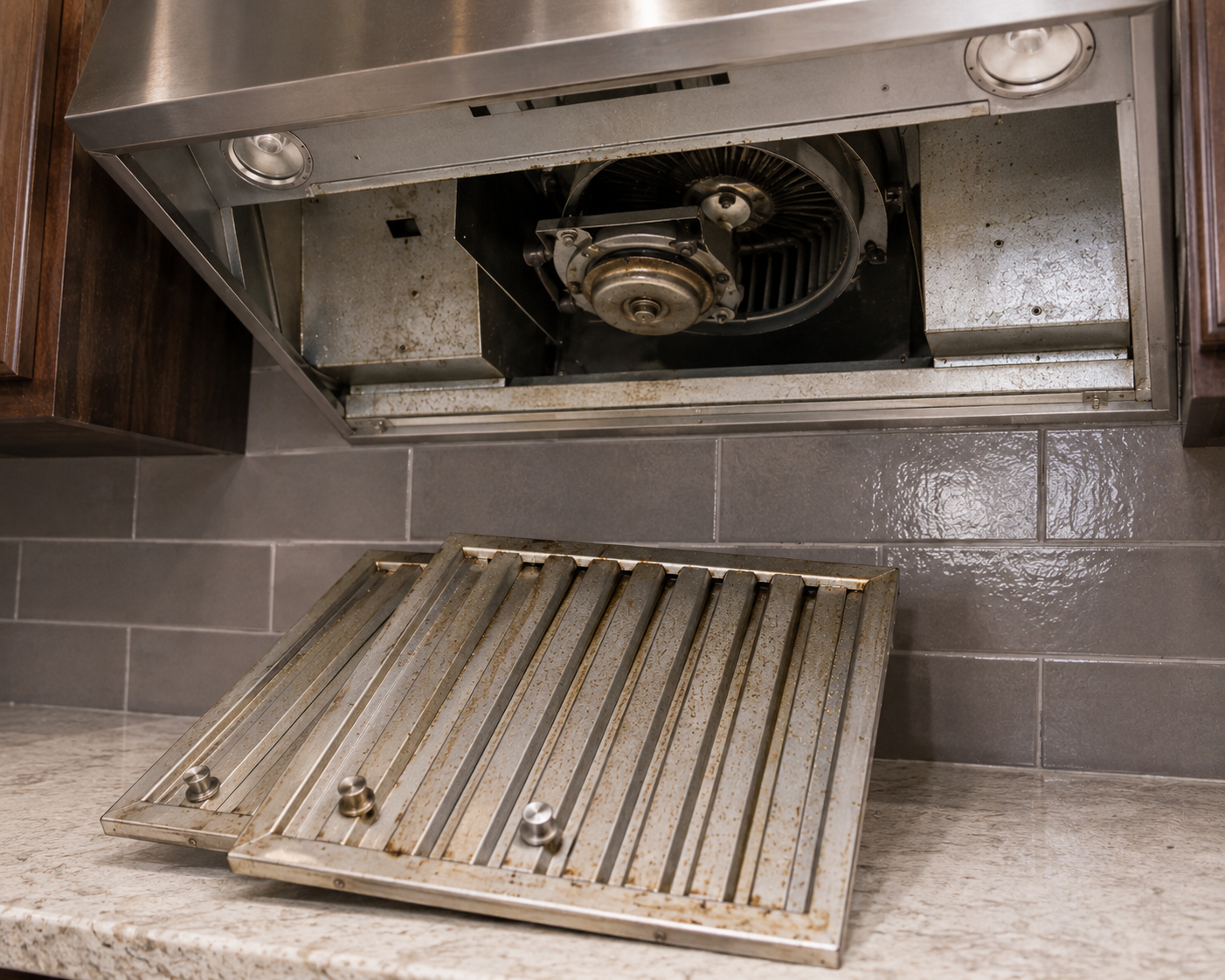 Range hood underside with the grease filters removed and the fan exposed, range hood repair in a Post Falls kitchen by SD Appliance