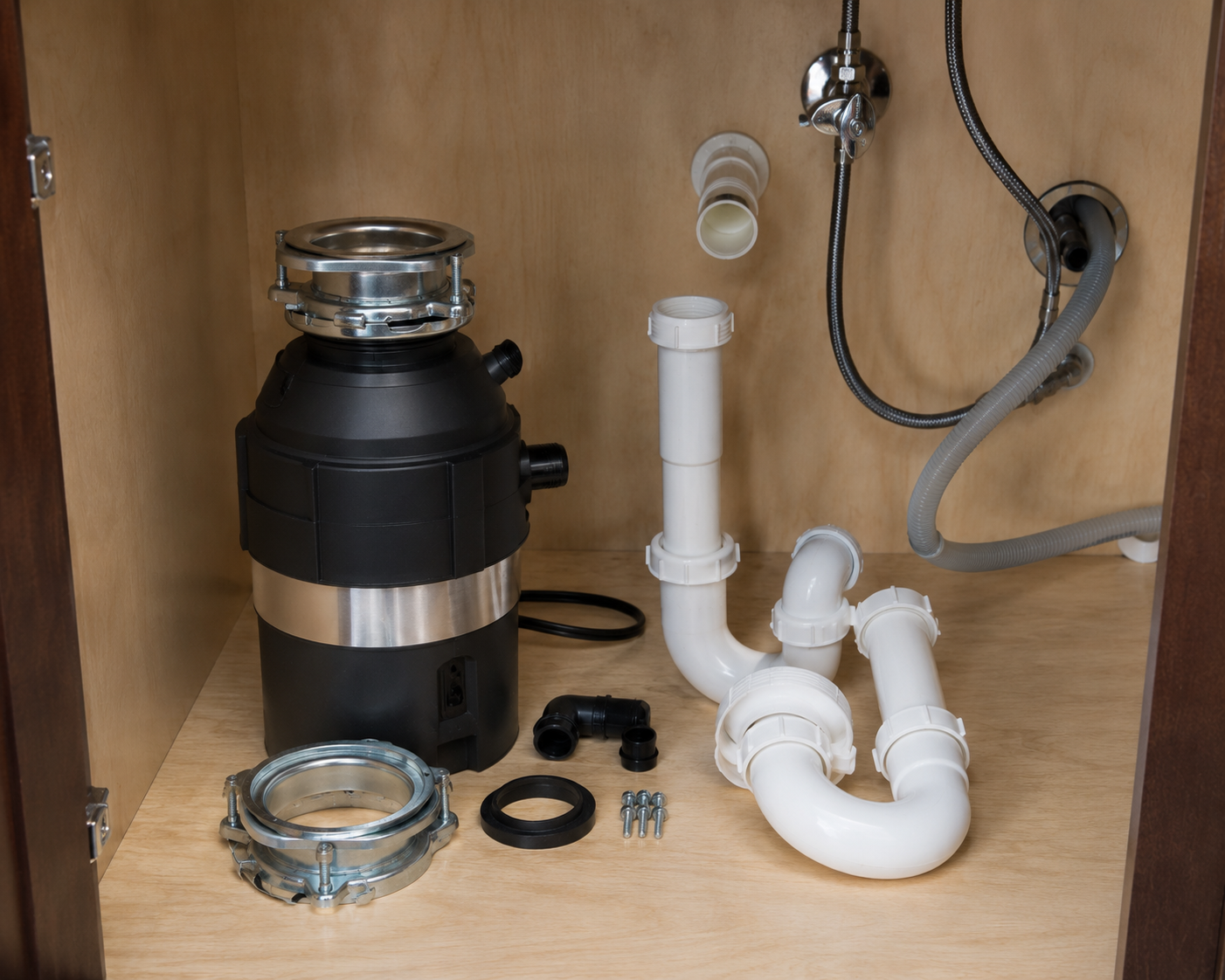 New garbage disposal unit beside its drain trap fittings, ready for a like-for-like swap in Coeur d'Alene