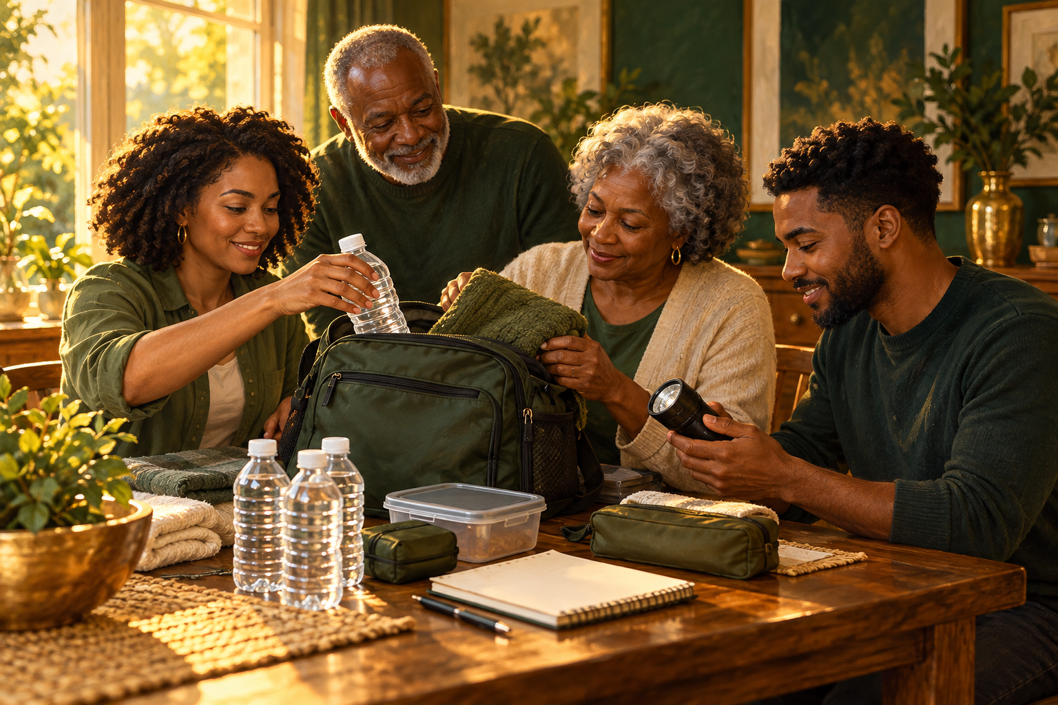 Illustration of a Black family across generations preparing household supplies together
