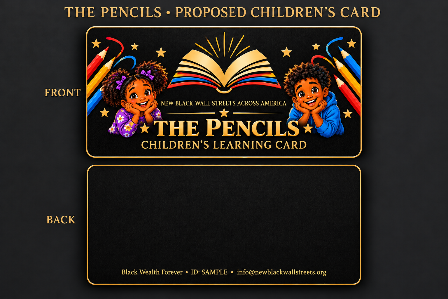 The Pencils — children’s learning front and back card design previews