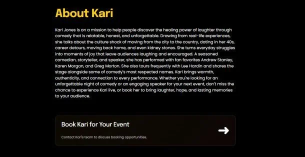 About page from the Kari Jones Comedy website