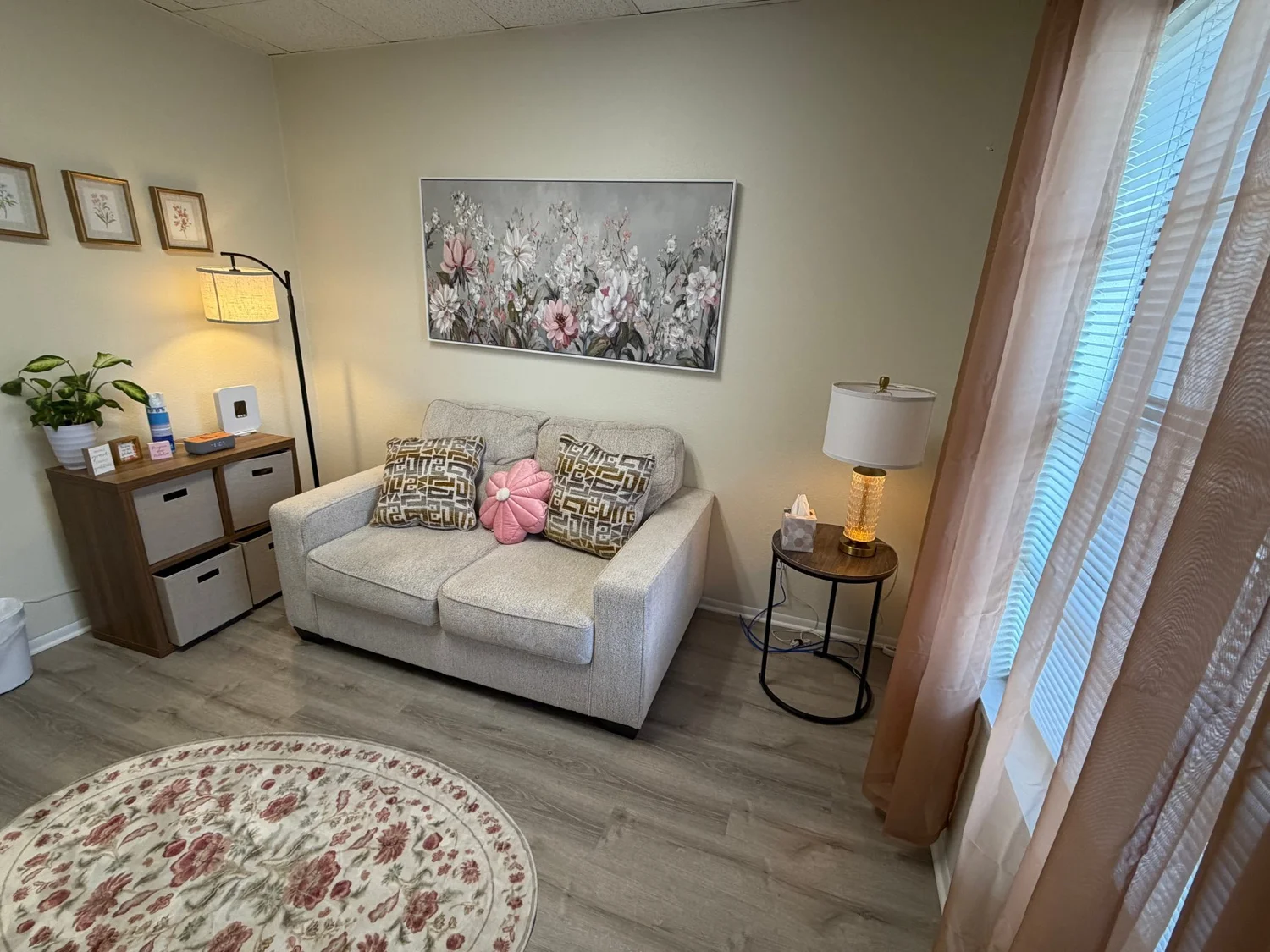Linda’s counseling room with natural light and a reading lamp
