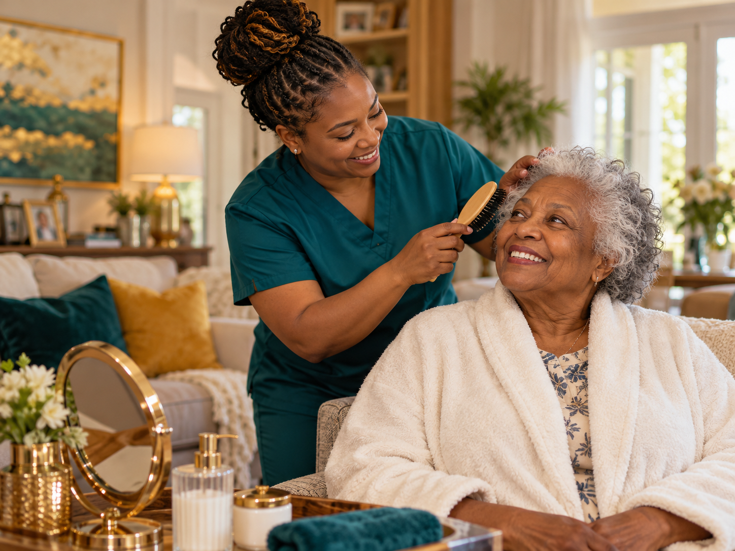DellaCare caregiver gently brushing a client's hair at home