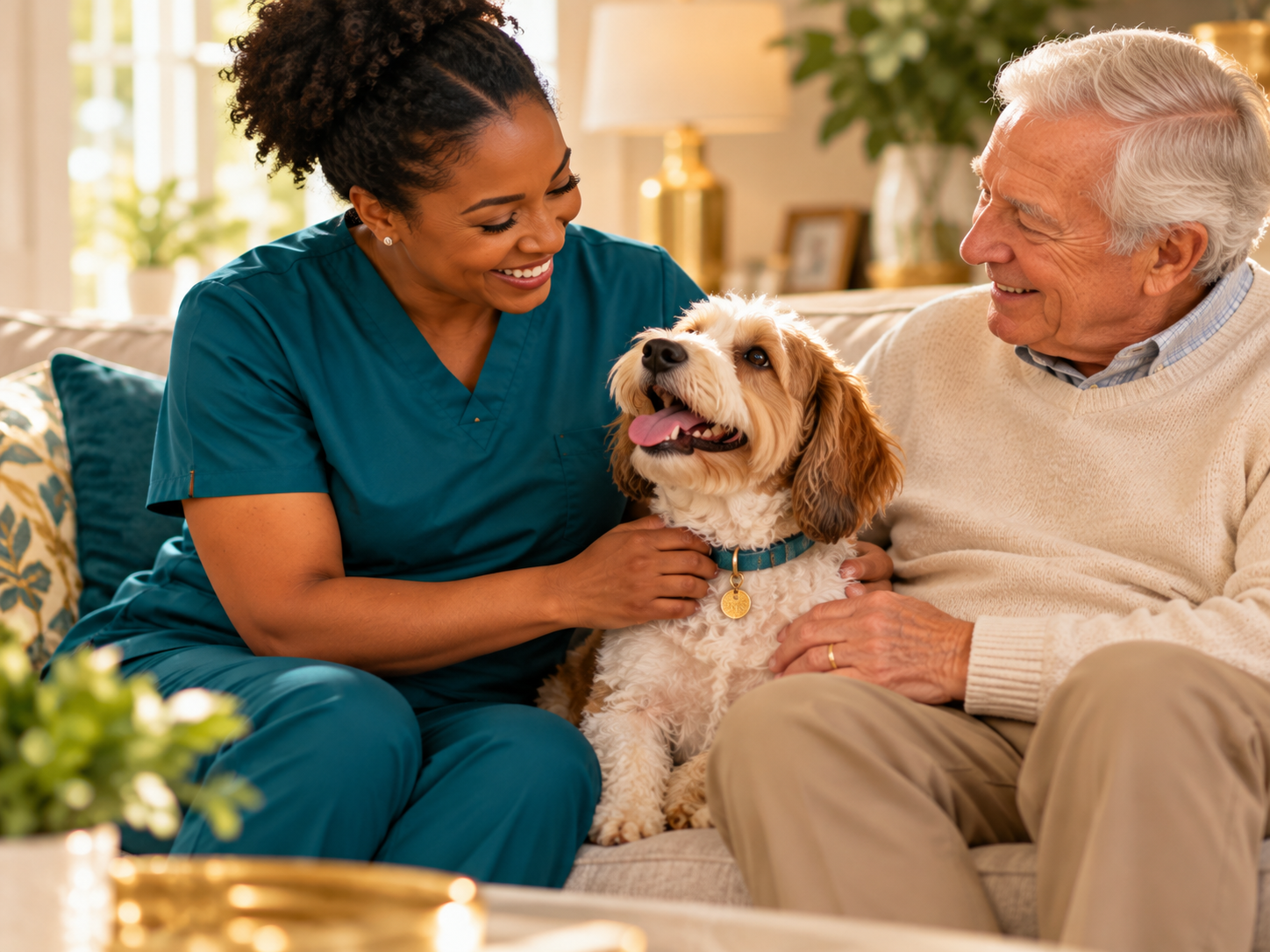 DellaCare caregiver spending time with a client and their dog at home