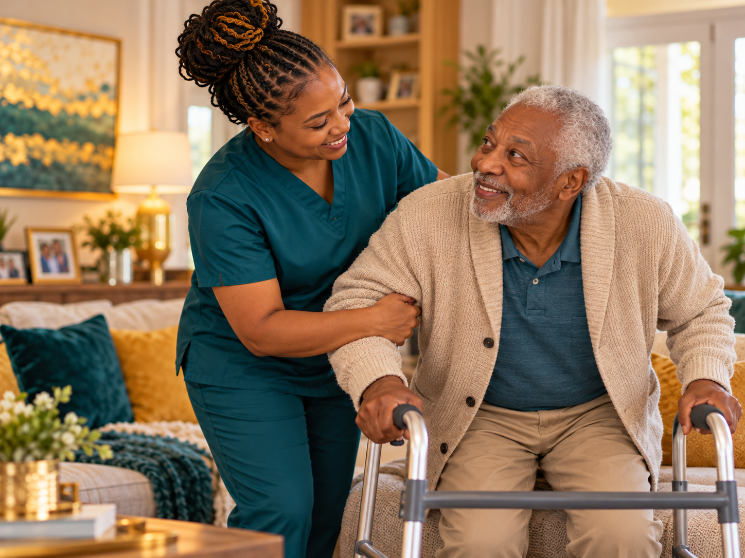 DellaCare caregiver supporting a man in a wheelchair at home