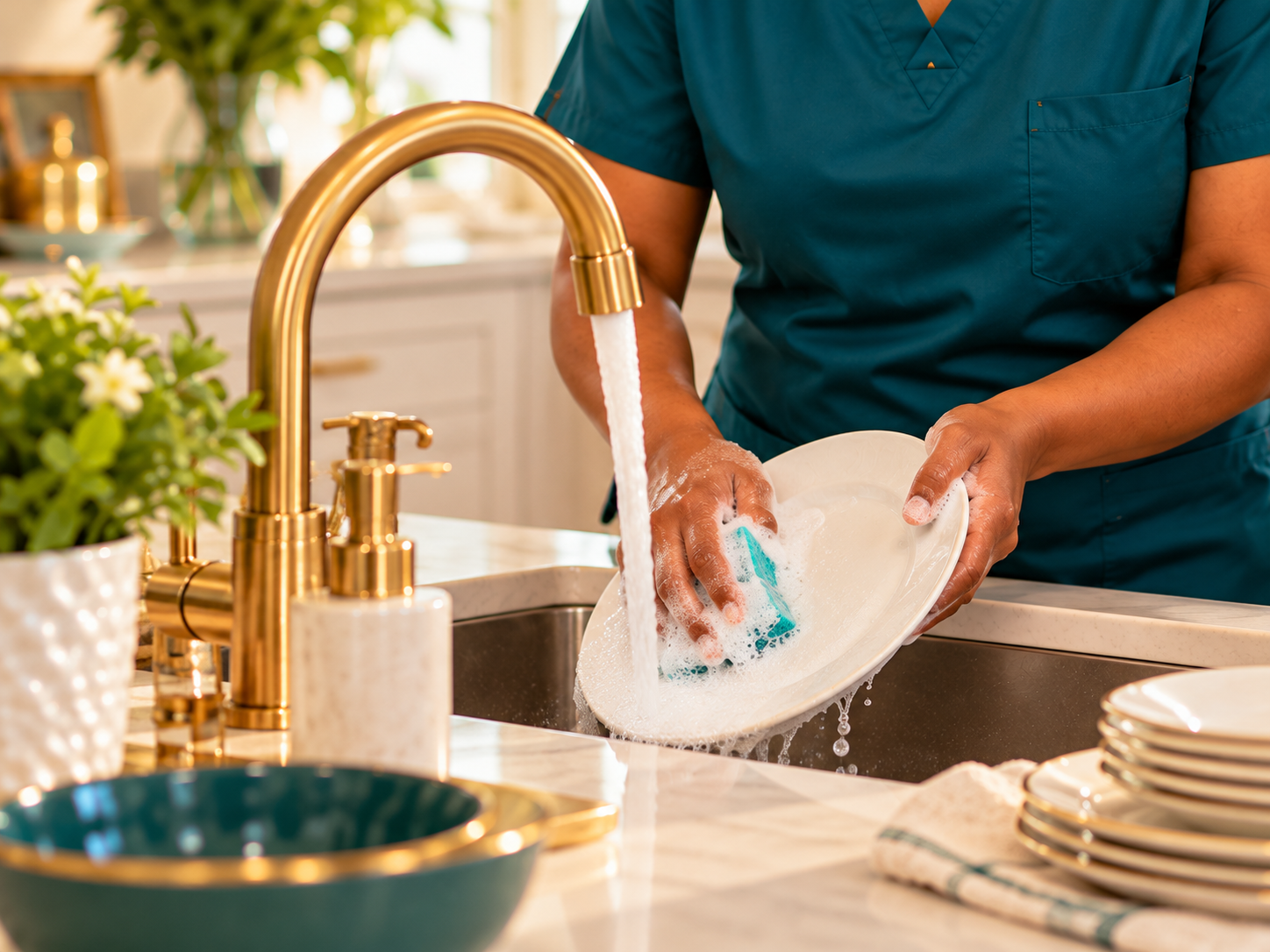 DellaCare caregiver washing dishes in a client's kitchen