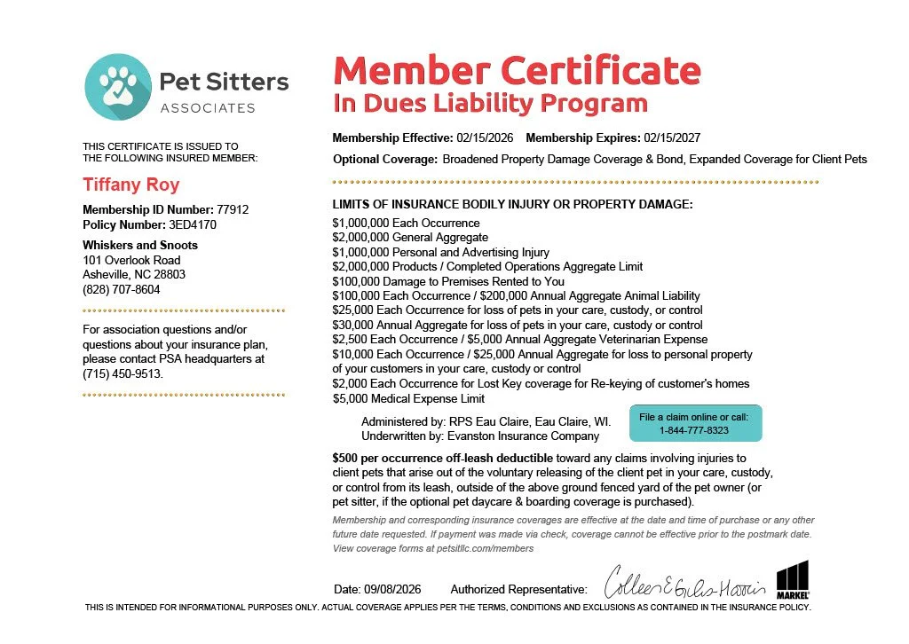 Whiskers and Snoots insurance and bonding certificate