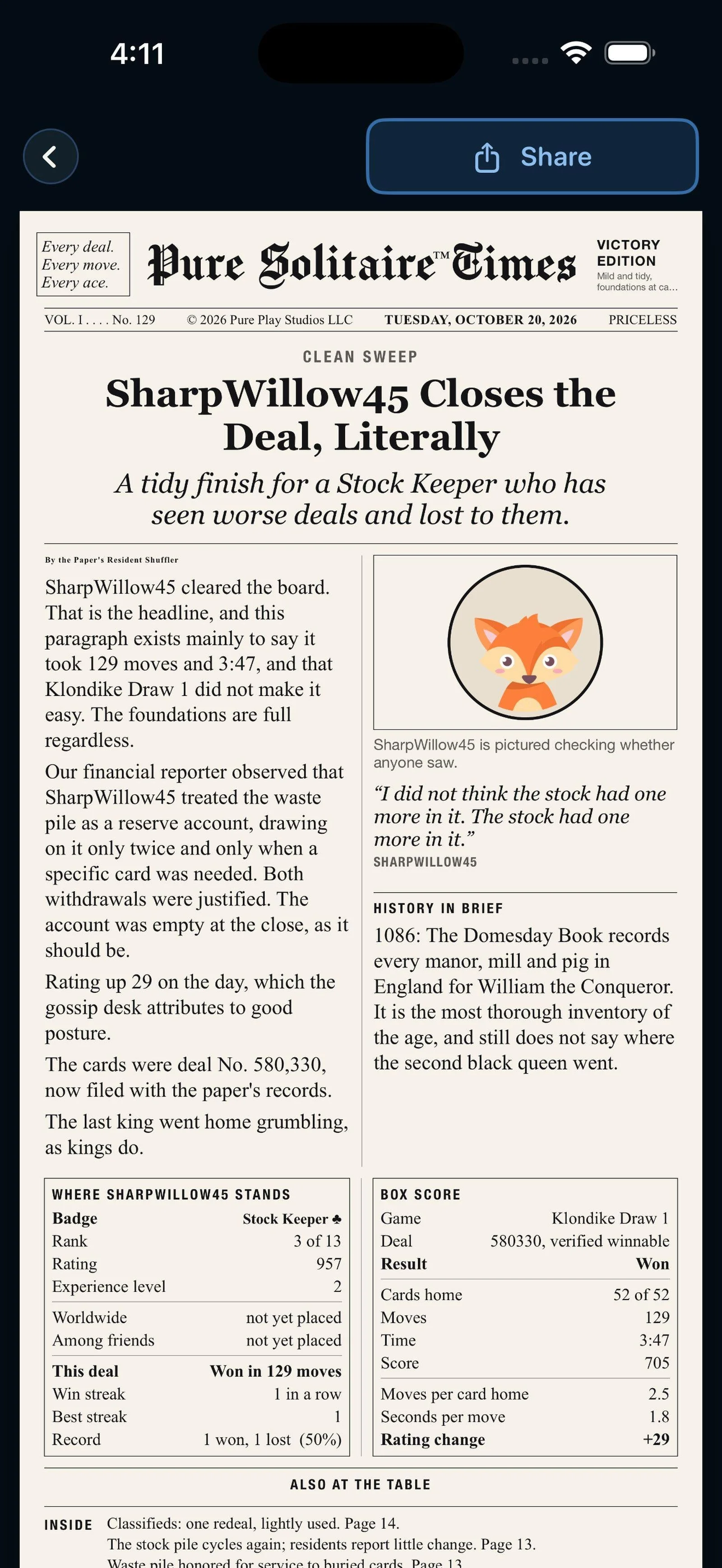 The front page newspaper about your game