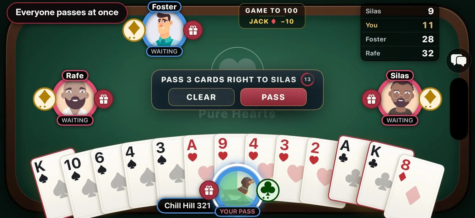 Choosing three cards to pass