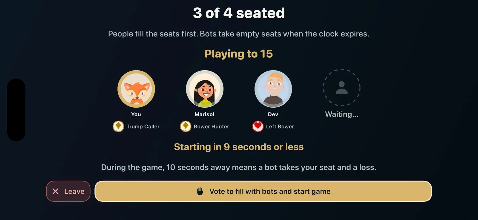 Choosing a seat at an online table
