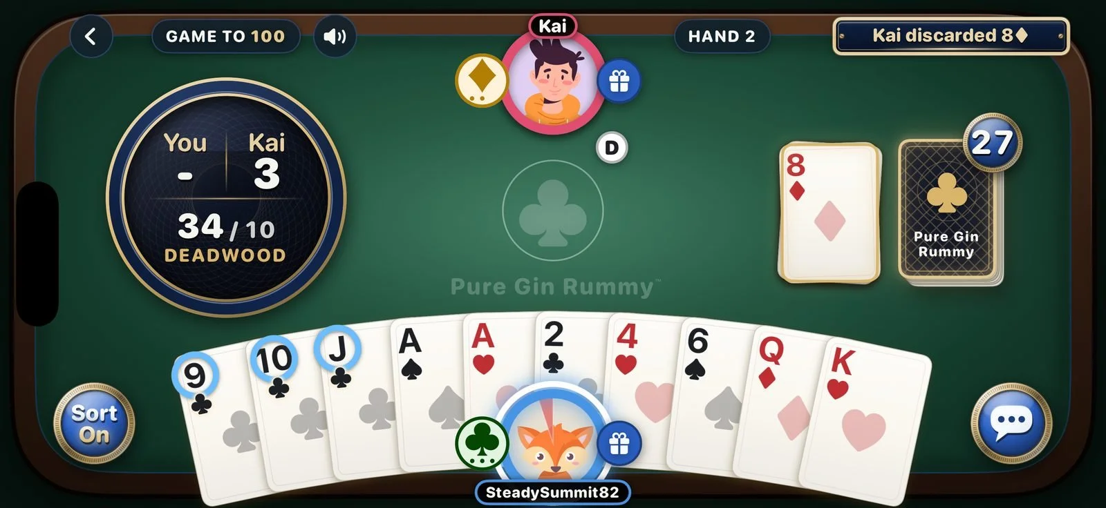 A game of Pure Gin in progress