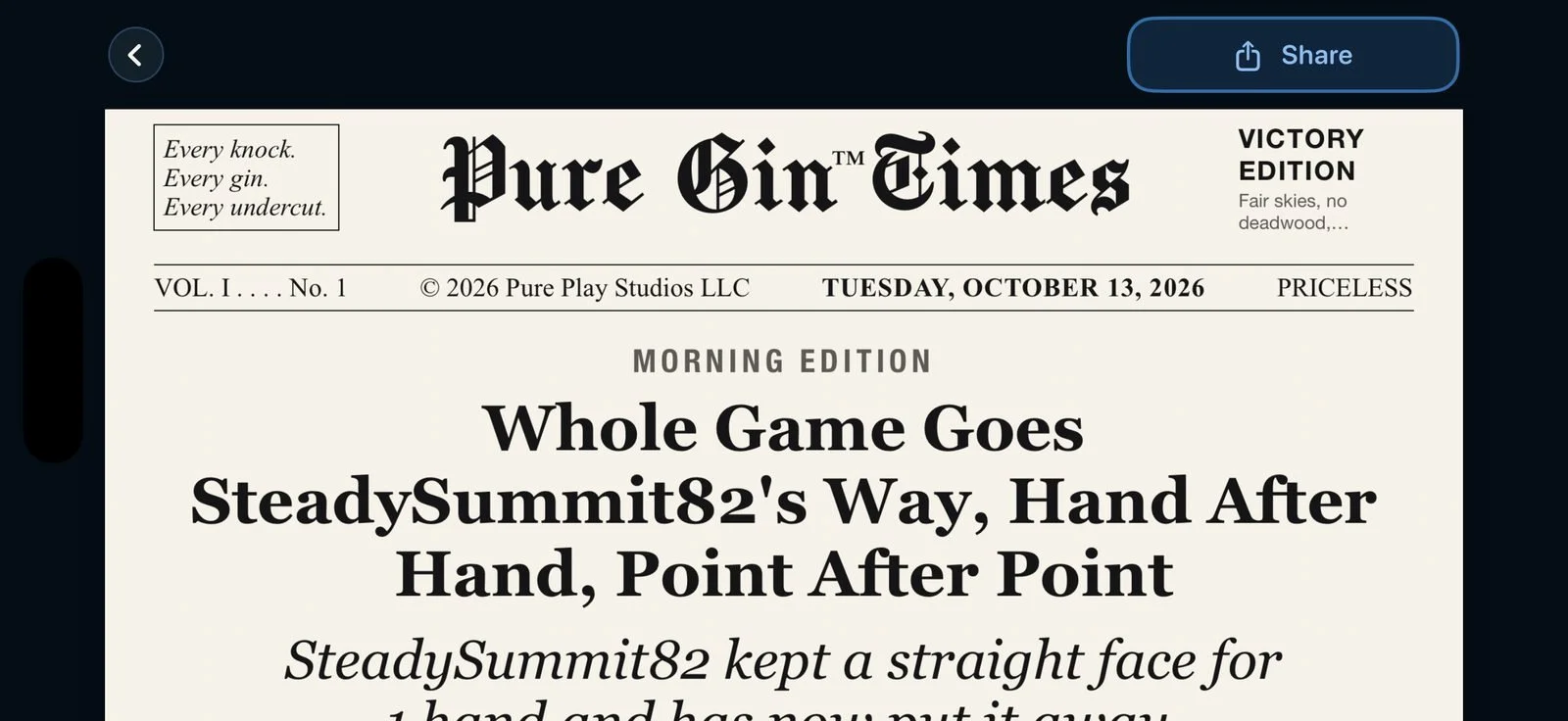 The front page newspaper written about a finished game