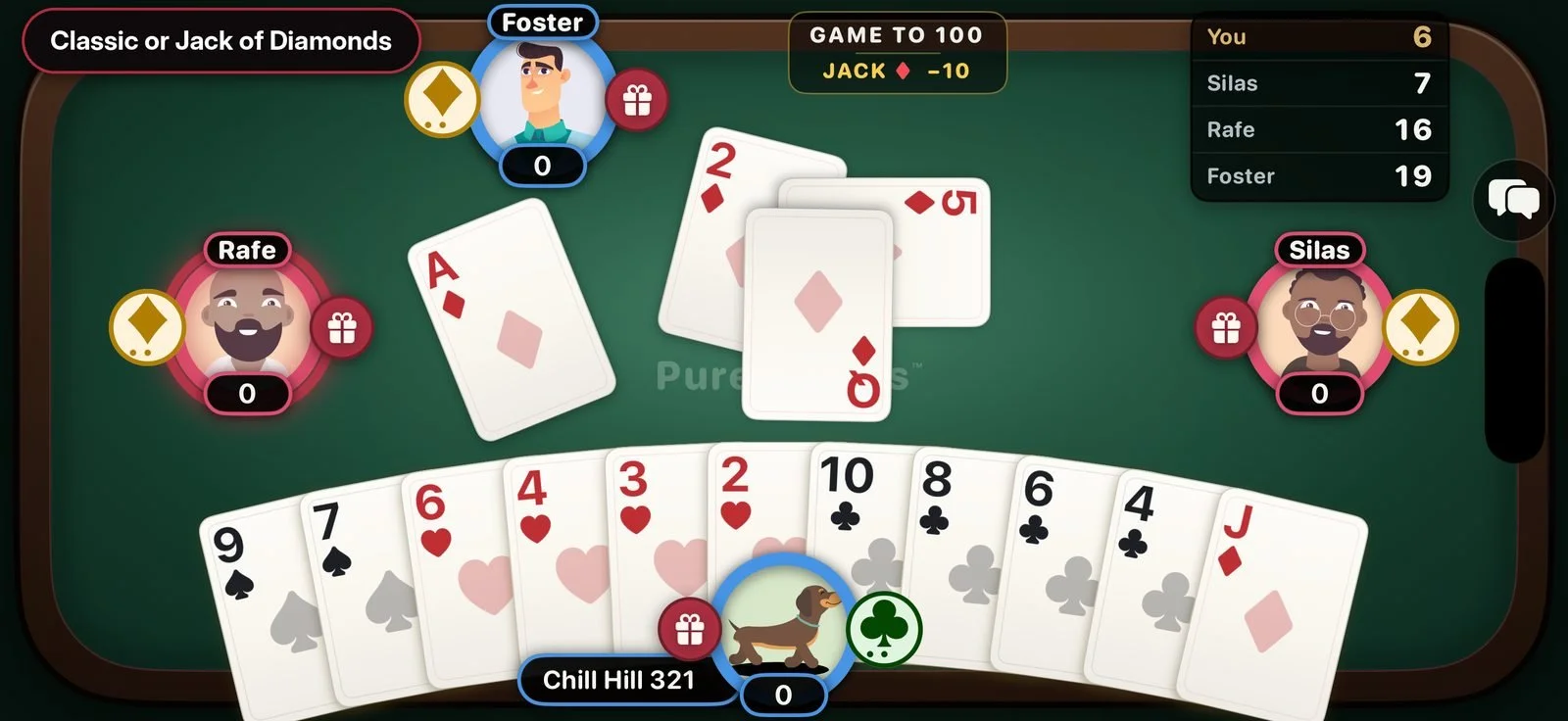 A game of Pure Hearts in progress at the table