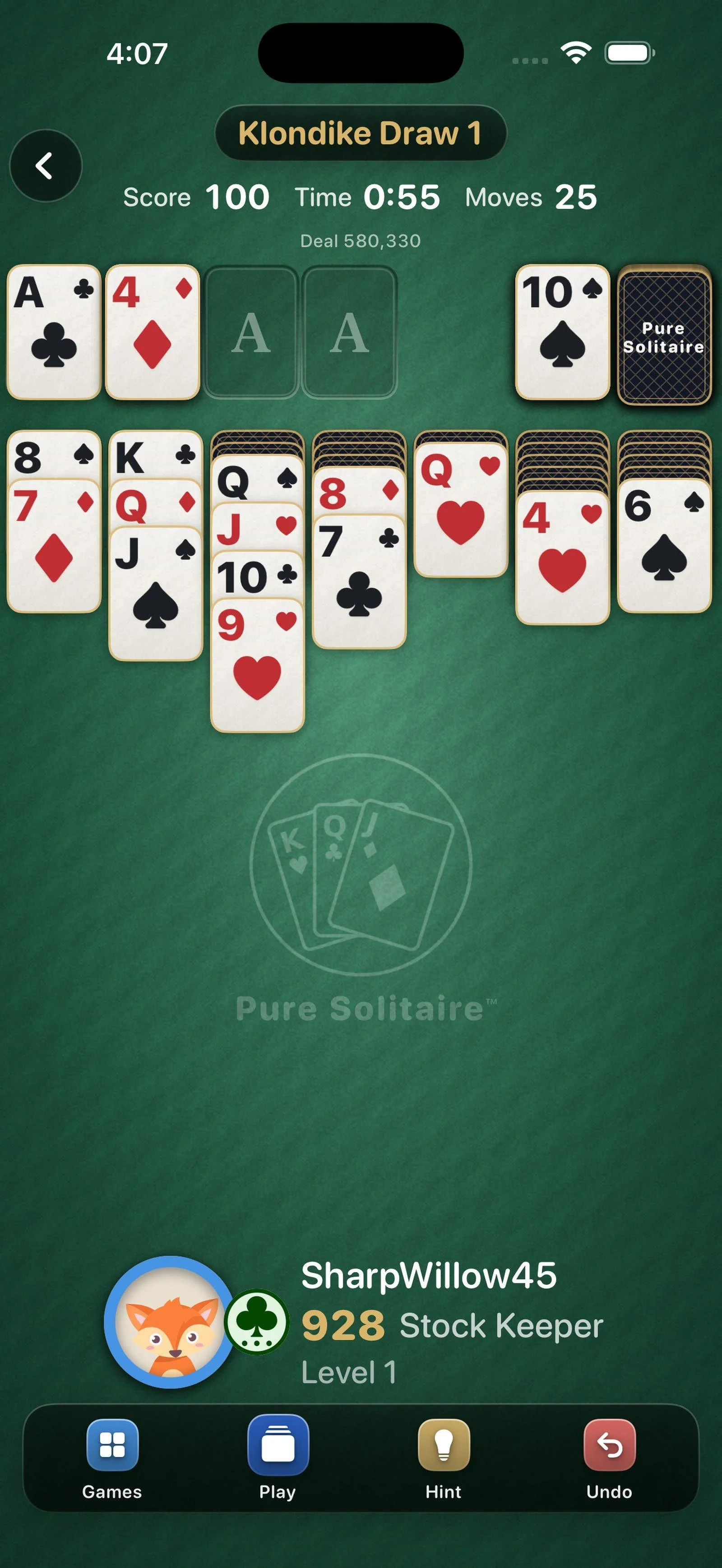 A game of Klondike in Pure Solitaire
