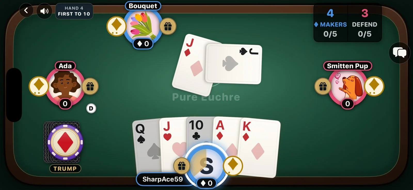 A hand of Pure Euchre in the middle of a trick