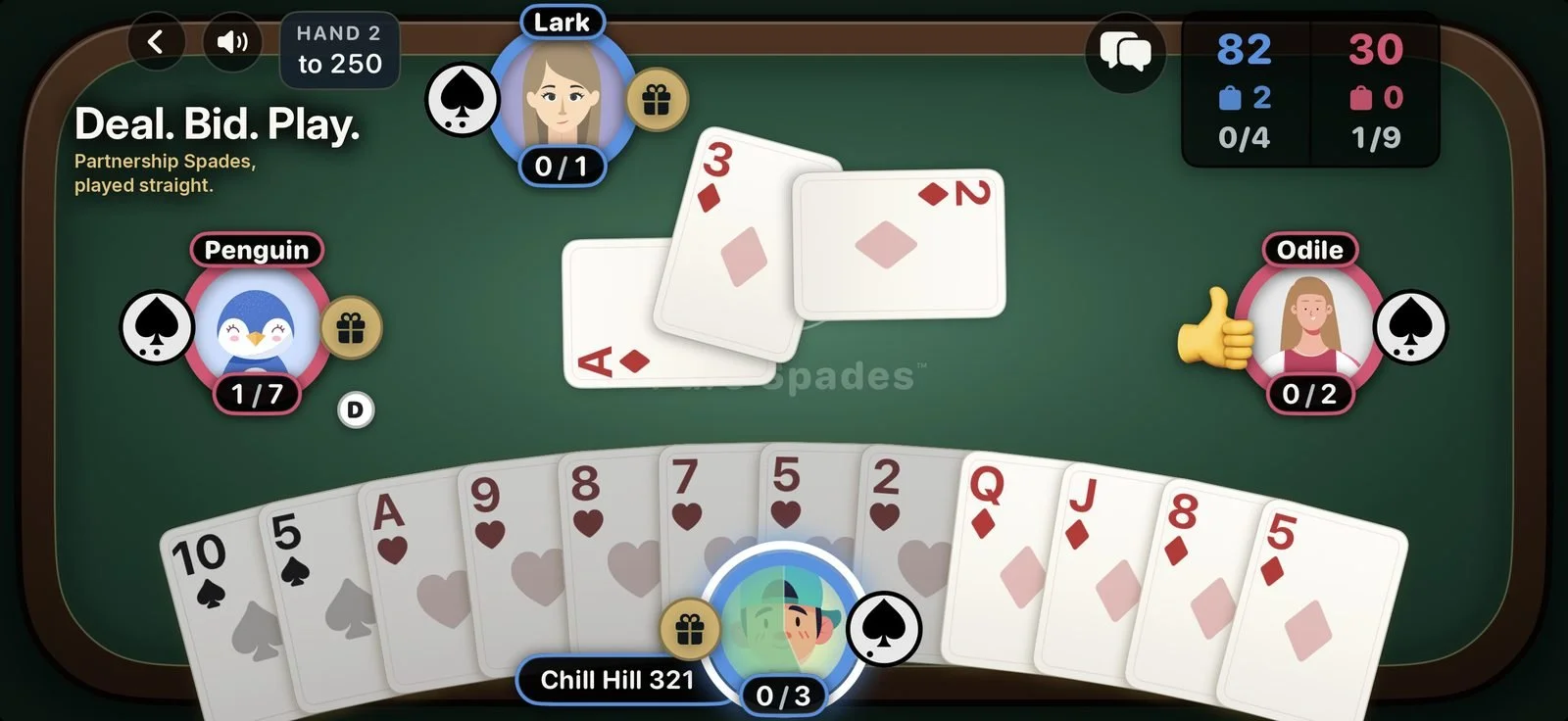 A hand of Pure Spades being dealt, bid and played