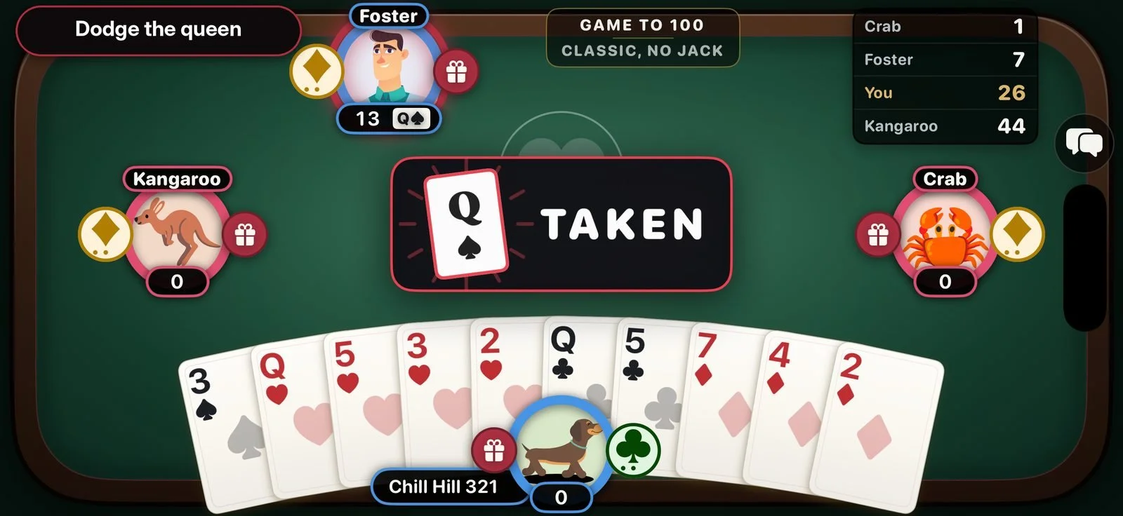 The queen of spades played to a trick