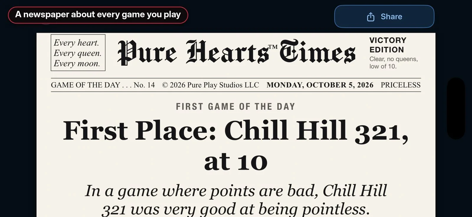The front page newspaper written about a finished game