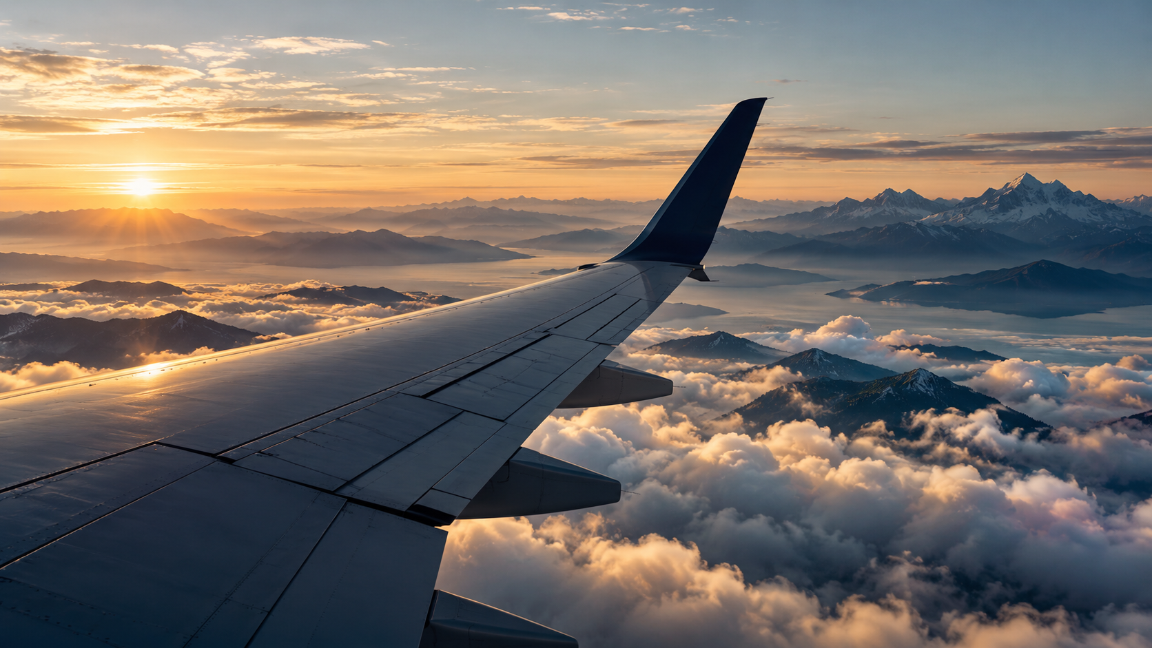 Aircraft wing above clouds and mountain horizon