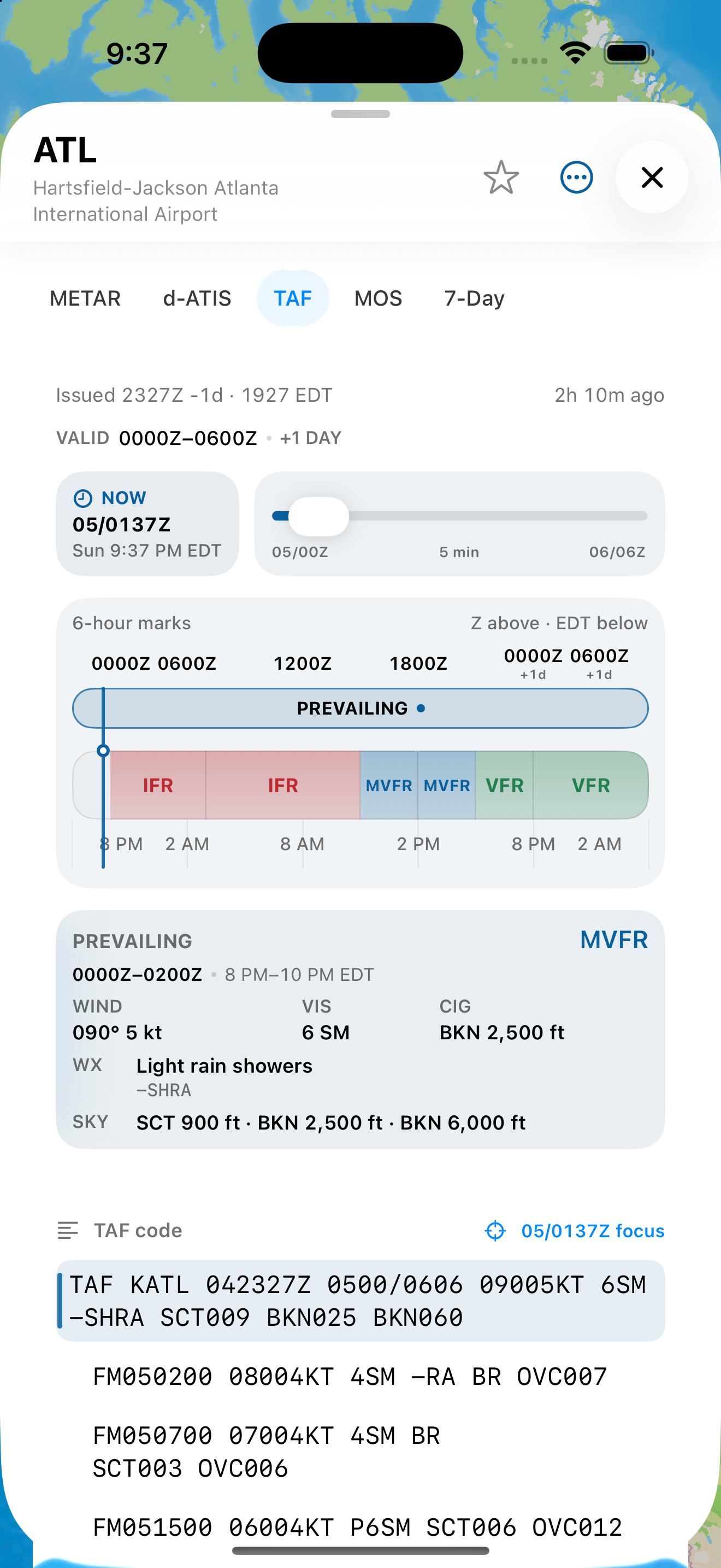 ATL TAF airport tab showing terminal forecast text and change-group timeline.