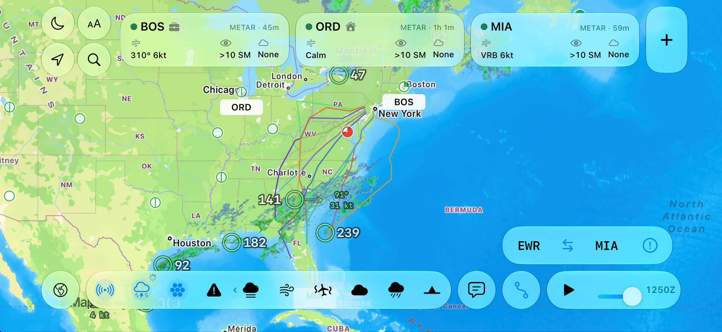 Current landscape Puffin WX map with BOS, ORD, and MIA airport cards, weather controls, radar, and EWR to MIA routes.