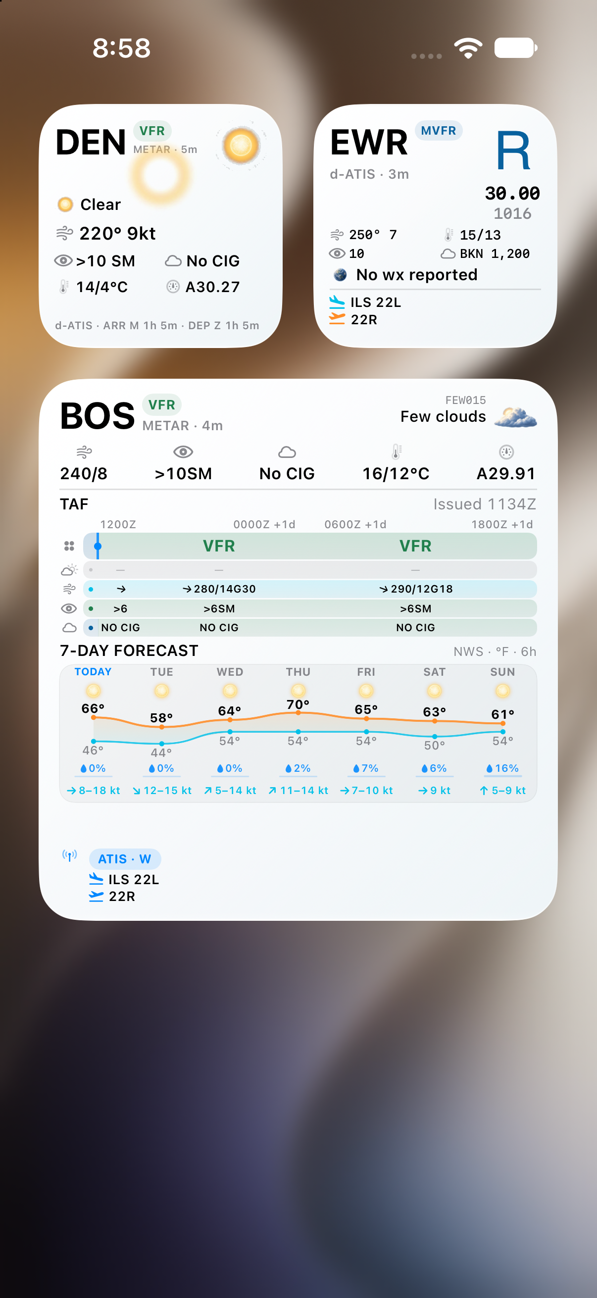 Current Puffin WX iPhone widgets for DEN, EWR, and BOS