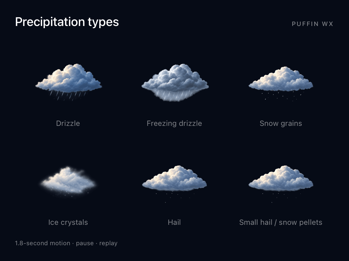 Native Puffin WX weather artwork motion: Precipitation types