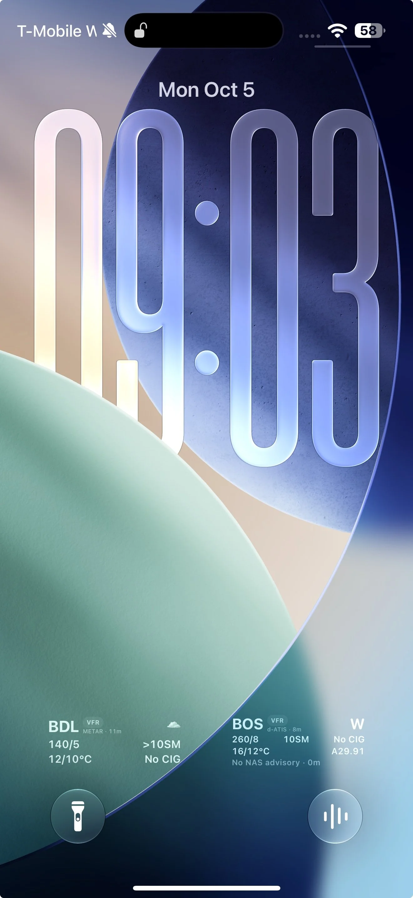 Actual iPhone Lock Screen with Puffin WX BDL weather and BOS d-ATIS and NAS widgets beneath the clock.