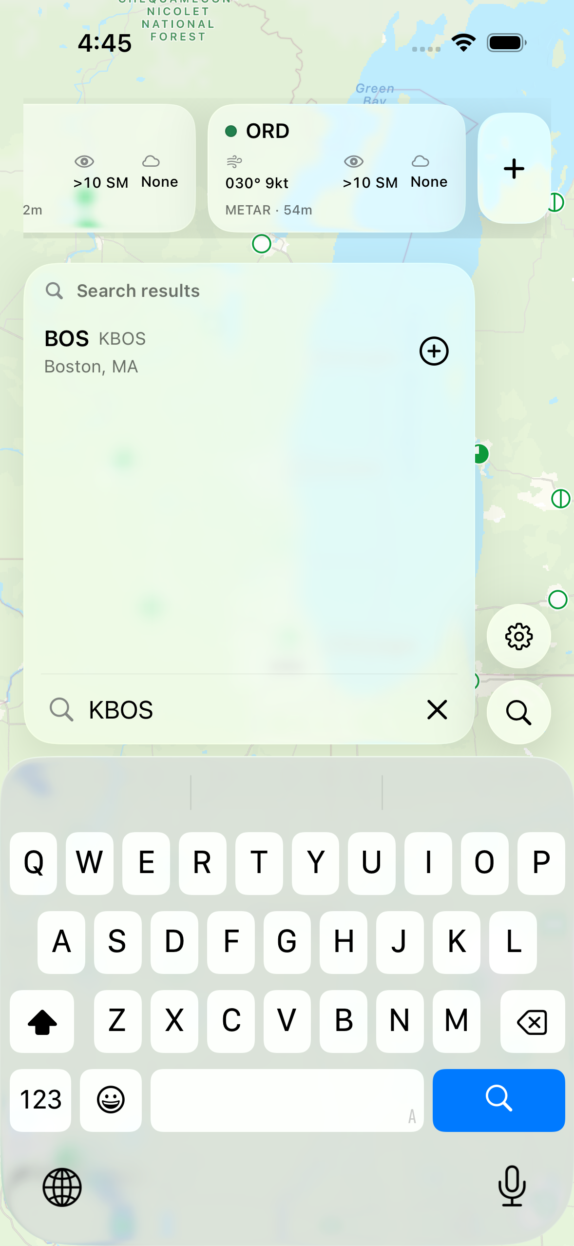 BOS and KBOS appear as the Boston airport catalog search result on the map.